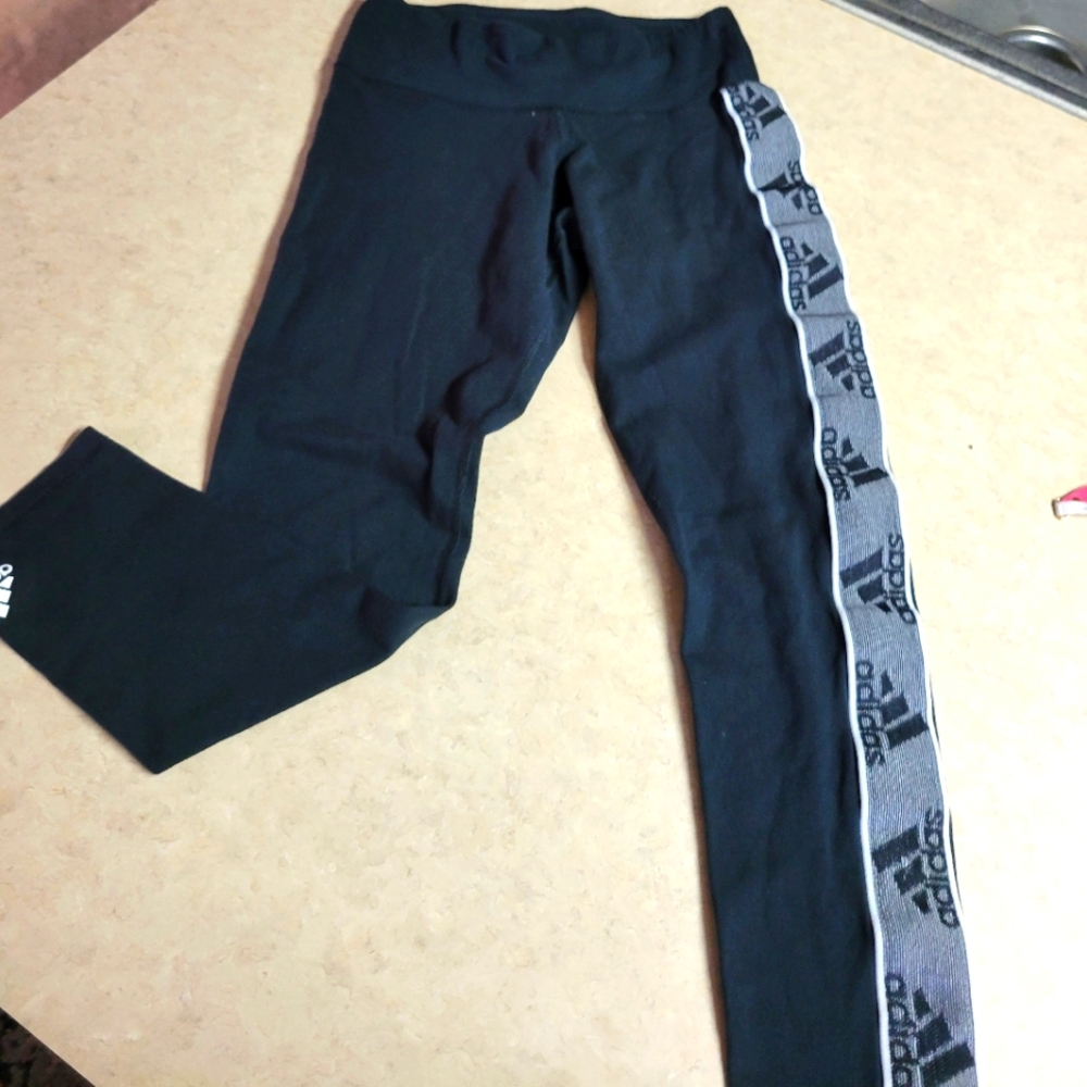 Adidas women black Capri work out leggings logo on sides